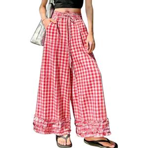 image:imagechouyatou Women Summer Ruffle Hem Gingham Pants Boho Spring Casual Plaid Wide Leg Cotton Linen Pants PalazzoRed