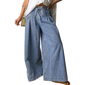 image:imagechouyatou Womens Baggy High Waist Striped Denim Pant Boyfriend Y2k Pleated Flared Wide Leg Culotte JeansBlue