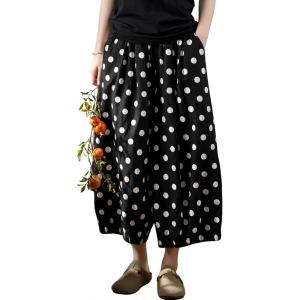 image:imagechouyatou Womens Loose Polka Dot Cotton Linen Pants Elastic Drawstring Wide Leg Palazzo Harem PantsBlack