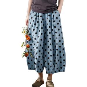 image:imagechouyatou Womens Loose Polka Dot Cotton Linen Pants Elastic Drawstring Wide Leg Palazzo Harem PantsBlue