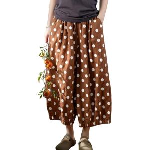image:imagechouyatou Womens Loose Polka Dot Cotton Linen Pants Elastic Drawstring Wide Leg Palazzo Harem PantsBrown