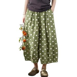 image:imagechouyatou Womens Loose Polka Dot Cotton Linen Pants Elastic Drawstring Wide Leg Palazzo Harem PantsGreen