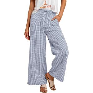 image:imagechouyatou Womens Retro Plaid Gingham Wide Leg Pants Drawstring Elastic Waist Palazzo Pants Trousers with PocketsBlue