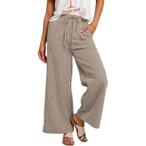 image:imagechouyatou Womens Retro Plaid Gingham Wide Leg Pants Drawstring Elastic Waist Palazzo Pants Trousers with PocketsCoffee