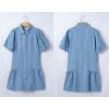image:imagechouyatou Women Summer Casual Puff Sleeve Short Denim Dress Ruffle Cute ALine Button Down Jean Shirt DressBlue
