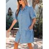 image:imagechouyatou Women Summer Casual Puff Sleeve Short Denim Dress Ruffle Cute ALine Button Down Jean Shirt DressBlue