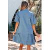 image:imagechouyatou Women Summer Casual Puff Sleeve Short Denim Dress Ruffle Cute ALine Button Down Jean Shirt DressBlue