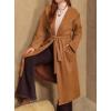 image:imagechouyatou Womens 2025 Faux Suede Leather Trench Coat Open Front Shawl Collar Midi Long Pea Coat with BeltBrown