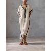 image:imagechouyatou Womens Boho V Neck Striped Maxi Shirt Dress Casual Loose Short Sleeve Cotton Linen Pleated Beach Long DressApricot