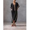 image:imagechouyatou Womens Boho V Neck Striped Maxi Shirt Dress Casual Loose Short Sleeve Cotton Linen Pleated Beach Long DressBlack