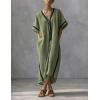 image:imagechouyatou Womens Boho V Neck Striped Maxi Shirt Dress Casual Loose Short Sleeve Cotton Linen Pleated Beach Long DressGreen