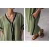 image:imagechouyatou Womens Boho V Neck Striped Maxi Shirt Dress Casual Loose Short Sleeve Cotton Linen Pleated Beach Long DressGreen