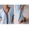 image:imagechouyatou Womens Boho V Neck Striped Maxi Shirt Dress Casual Loose Short Sleeve Cotton Linen Pleated Beach Long DressLight Blue