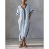 image:imagechouyatou Womens Boho V Neck Striped Maxi Shirt Dress Casual Loose Short Sleeve Cotton Linen Pleated Beach Long DressLight Blue