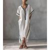 image:imagechouyatou Womens Boho V Neck Striped Maxi Shirt Dress Casual Loose Short Sleeve Cotton Linen Pleated Beach Long DressWhite