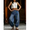 image:imagechouyatou Womens Boyfriend Loose Jeans Elastic Waist Wide Leg Palazzo Lantern Harem Pants with PocketsBlue
