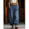 image:imagechouyatou Womens Boyfriend Loose Jeans Elastic Waist Wide Leg Palazzo Lantern Harem Pants with PocketsBlue
