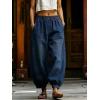 image:imagechouyatou Womens Boyfriend Loose Jeans Elastic Waist Wide Leg Palazzo Lantern Harem Pants with PocketsDark Blue