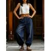 image:imagechouyatou Womens Boyfriend Loose Jeans Elastic Waist Wide Leg Palazzo Lantern Harem Pants with PocketsDark Blue