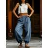 image:imagechouyatou Womens Boyfriend Loose Jeans Elastic Waist Wide Leg Palazzo Lantern Harem Pants with PocketsLight Blue