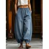 image:imagechouyatou Womens Boyfriend Loose Jeans Elastic Waist Wide Leg Palazzo Lantern Harem Pants with PocketsLight Blue