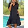 image:imagechouyatou Womens Button Up High Low Ruffle Hem Shirt Dress Short Sleeve Tunic Shift Midi Long Dress with PocketsBlack