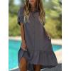 image:imagechouyatou Womens Button Up High Low Ruffle Hem Shirt Dress Short Sleeve Tunic Shift Midi Long Dress with PocketsGray