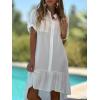 image:imagechouyatou Womens Button Up High Low Ruffle Hem Shirt Dress Short Sleeve Tunic Shift Midi Long Dress with PocketsWhite