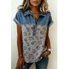 image:imagechouyatou Womens Retro Floral Printed Denim Polo Shirt Casual Button Up Short Sleeve Jean T Shirt Blouse TopsGray