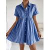 image:imagechouyatou Womens Summer Babydoll Short Sleeve Cotton Dress Notch Neck Flare Striped Midi Shirt DressDark Blue