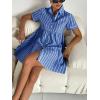 image:imagechouyatou Womens Summer Babydoll Short Sleeve Cotton Dress Notch Neck Flare Striped Midi Shirt DressDark Blue
