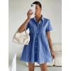 image:imagechouyatou Womens Summer Babydoll Short Sleeve Cotton Dress Notch Neck Flare Striped Midi Shirt DressDark Blue