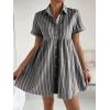 image:imagechouyatou Womens Summer Babydoll Short Sleeve Cotton Dress Notch Neck Flare Striped Midi Shirt DressDark Grey