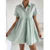 image:imagechouyatou Womens Summer Babydoll Short Sleeve Cotton Dress Notch Neck Flare Striped Midi Shirt DressGreen
