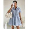 image:imagechouyatou Womens Summer Babydoll Short Sleeve Cotton Dress Notch Neck Flare Striped Midi Shirt DressLight Blue