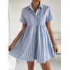 image:imagechouyatou Womens Summer Babydoll Short Sleeve Cotton Dress Notch Neck Flare Striped Midi Shirt DressLight Blue