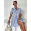 image:imagechouyatou Womens Summer Babydoll Short Sleeve Cotton Dress Notch Neck Flare Striped Midi Shirt DressLight Blue
