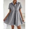 image:imagechouyatou Womens Summer Babydoll Short Sleeve Cotton Dress Notch Neck Flare Striped Midi Shirt DressLight Grey