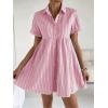 image:imagechouyatou Womens Summer Babydoll Short Sleeve Cotton Dress Notch Neck Flare Striped Midi Shirt DressPink