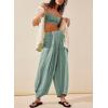 image:imagechouyatou Womens Summer Casual Smocked Waist Pant Wide Leg Beach Pants Palazzo with PocketsAqua Green