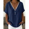 image:imagechouyatou Womens Summer Lace Eyelet Cotton Linen Shirts Half Button Short Sleeve Blouses Pullover TopsDark Blue