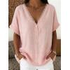 image:imagechouyatou Womens Summer Lace Eyelet Cotton Linen Shirts Half Button Short Sleeve Blouses Pullover TopsPink