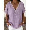 image:imagechouyatou Womens Summer Lace Eyelet Cotton Linen Shirts Half Button Short Sleeve Blouses Pullover TopsPurple