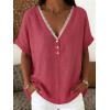 image:imagechouyatou Womens Summer Lace Eyelet Cotton Linen Shirts Half Button Short Sleeve Blouses Pullover TopsRed
