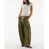 image:imagechouyatou Womens Wide Leg Drawstring Jeans Elastic Waist Baggy Jeans Boyfriend Loose Harem Denim Pants with PocketsArmy Green