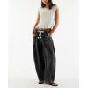 image:imagechouyatou Womens Wide Leg Drawstring Jeans Elastic Waist Baggy Jeans Boyfriend Loose Harem Denim Pants with PocketsBlack