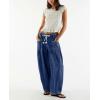 image:imagechouyatou Womens Wide Leg Drawstring Jeans Elastic Waist Baggy Jeans Boyfriend Loose Harem Denim Pants with PocketsBlue