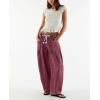 image:imagechouyatou Womens Wide Leg Drawstring Jeans Elastic Waist Baggy Jeans Boyfriend Loose Harem Denim Pants with PocketsDark Red