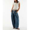 image:imagechouyatou Womens Wide Leg Drawstring Jeans Elastic Waist Baggy Jeans Boyfriend Loose Harem Denim Pants with PocketsRetro Blue