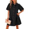 image:imagechouyatou Women Summer Casual Puff Sleeve Short Denim Dress Ruffle Cute ALine Button Down Jean Shirt DressBlack